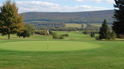 Fototapeta premium Serene Golf Course Landscape with Rolling Hills and Clear Blue Sky