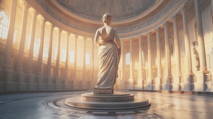 Elegant marble statue in grand rotunda illuminated by soft sunlight, surrounded by towering columns and intricate architecture