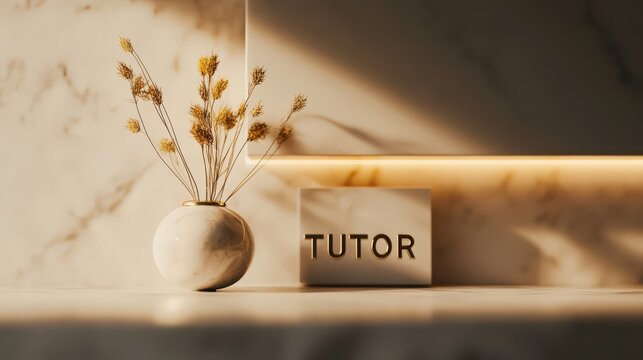 Minimalist Tutor Branding: A simple and elegant image with a white vase filled with dried flowers, a sleek "TUTOR" block, and warm, natural lighting, ideal for promoting educational services.  