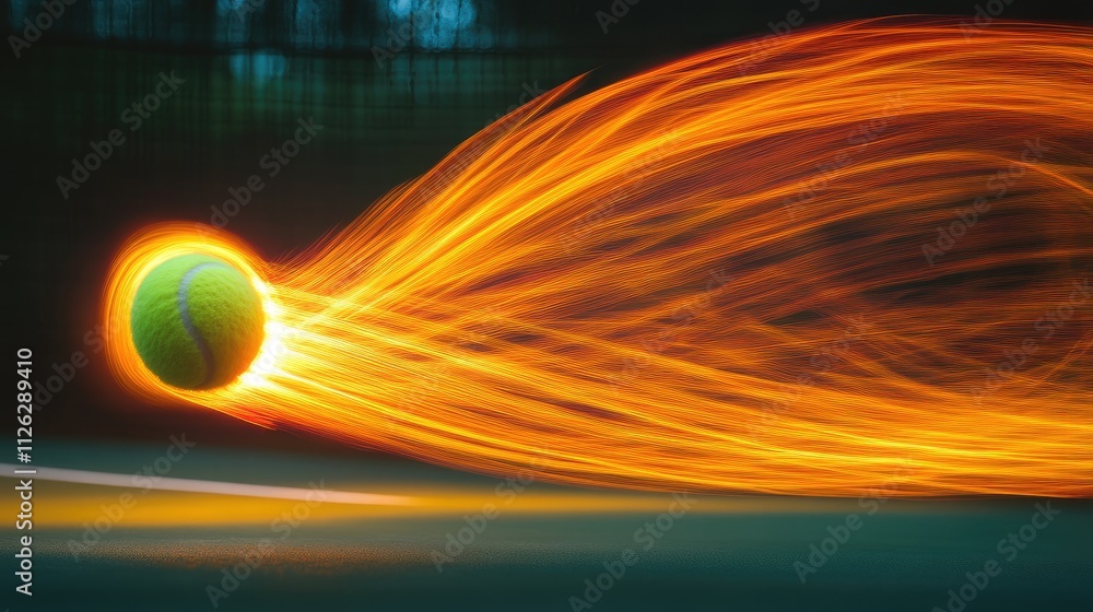 Poster a glowing arc of light trails from a tennis ball in flight, captured through motion blur and long ex
