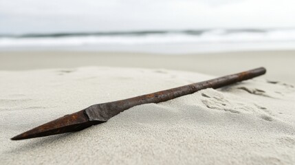 Ancient harpoon resting on sandy beach, partially buried with weathered wooden handle and rusted metal tip, evoking historical maritime heritage and archaeological significance