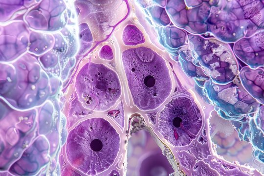 Lung Tissue Sample: A detailed view of lung tissue, highlighting alveoli and bronchioles under a microscope. 
