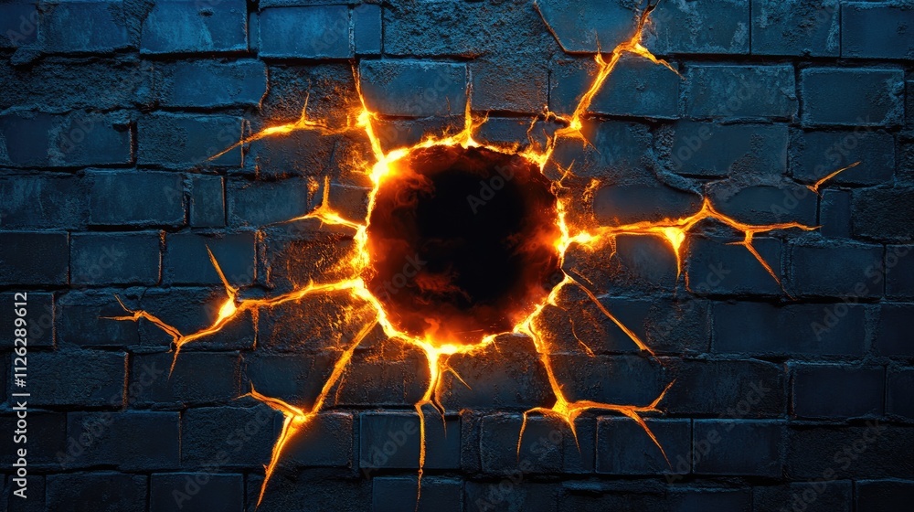 Poster a glowing black hole emerges from a glossy ceramic brick wall, with cracks lighting up the surface, 