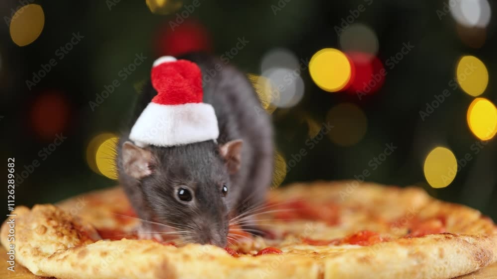 Poster Colorful rat in red Santa hat celebrates holiday. New Year tree with blinking lights of garland. Pet eats pie. Pizza with cheese on wooden table. Christmas concept.