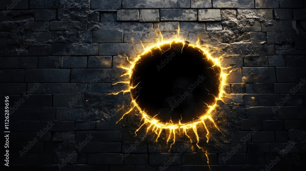 Poster a glowing black hole emerges from a glossy ceramic brick wall, with cracks lighting up the surface, 