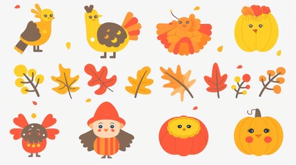 Thanksgiving element Autumn Illustrations Featuring Whimsical Birds, Pumpkins, Leaves, and Festive Characters in Vibrant Fall Colors