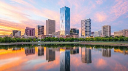 Fototapeta premium Triangulation control, A stunning city skyline at sunset, reflecting beautifully in a calm body of water, showcasing modern architecture amidst vibrant colors.