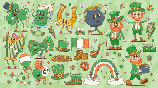 Saint Patrick day groovy characters. Leprechauns and golden coins, trefoil shamrock clover and irish rainbow retro groovy vector personages. St Patricks holiday funny leprechauns with hats and gold