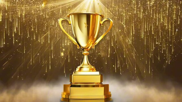 Golden trophy on a shining pedestal with sparkling golden lights and rays in the background. Achievement, success, awards, or celebration events