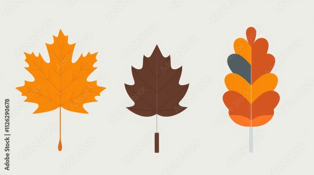 Poster illustrative collection of autumn leaves showcasing various shapes and textures in a minimalist styl