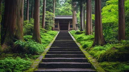Obraz premium Serene Pathway Through Lush Green Forest Leading to Traditional Structure