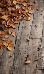 Faded grunge aesthetic with scattered leaves on a worn wooden surface, overgrown foliage, autumn leaves