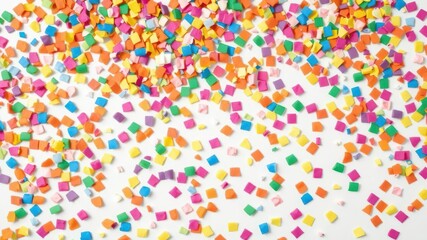 Colorful confetti in various shapes and sizes scattered on a clear background, happiness