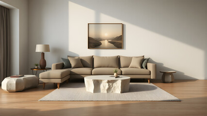 Modern living room interior mockup with a sofa, lamp, table. 3D rendering