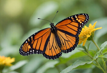 Naklejka premium monarch butterfly, vibrant orange wings, black veins, white spots, yellow flowers, green leaves, soft focus background, macro photography, detailed wings, nature close-up, delicate insect, pollinator,