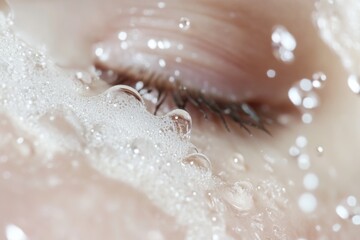 Obraz premium Closeup of human skin with moisture droplets indoor setting macro photography soft lighting beauty concept highlighting skin hydration and moisture content