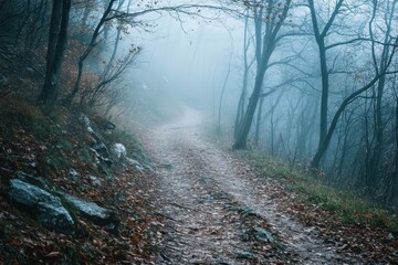 Obraz premium Mysterious foggy forest path revealing moisture-soaked terrain tranquil nature scene autumn landscape serene environment nature photography atmospheric concept