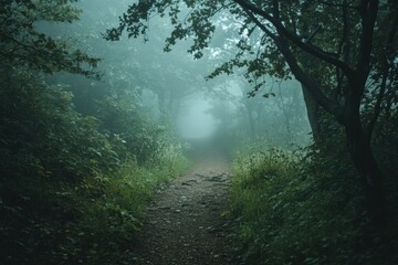 Obraz premium Mysterious foggy forest path capturing tranquil moisture enchanted landscape nature photography serene environment atmospheric perspective for optimal seo impact