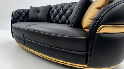 Obraz premium Luxurious Black and Gold Sofa: A close-up shot of a stylish and sophisticated black leather sofa with gold accents and tufted detailing. This image evokes elegance, comfort, and luxury. 