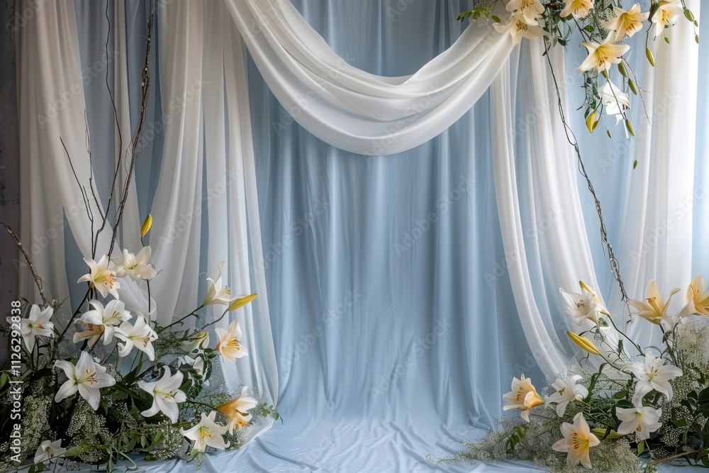 Poster scandinavian minimalist style misty blue studio backdrop with a matte finish, soft white curtains wi