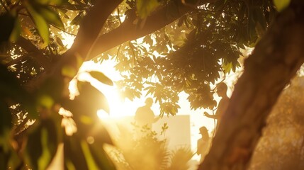 Warm Glow of Sunlight Filters Through Leaves with Silhouettes of People Engaged in Outdoor Activity Amidst Nature in the Background