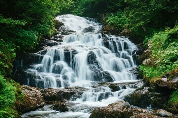 Obraz premium Cascading waterfall creating moisture-rich serenity rocky cliffside nature scene lush environment up-close viewpoint tranquil concept for scenic exploration