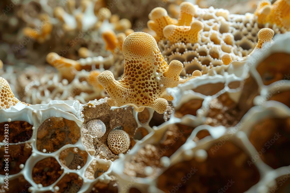 Poster soil bacteria colonies: a high-resolution image of bacterial colonies growing on soil particles, hig