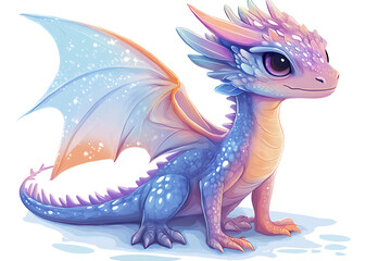 A cute, colorful dragon with sparkling scales and wings, designed in a whimsical style.