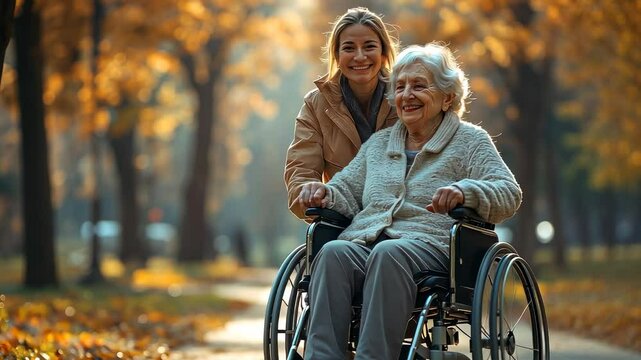 video of social worker walking with elderly woman in wheelchair, old age, nursing home, caregiver, assistant, disability, people with disabilities