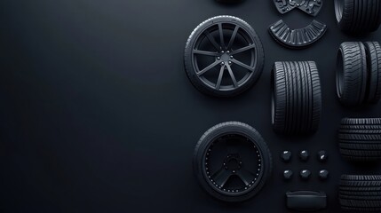 A collection of diverse car tires, sleek rims, and essential brake pads is artistically arranged on a dark surface, showcasing automotive components. Generative AI