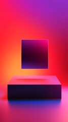 Floating Display in Neon Glow: A minimalist product display showcasing a black square floating above a platform bathed in vibrant neon hues of pink, orange, and purple. Its sleek.