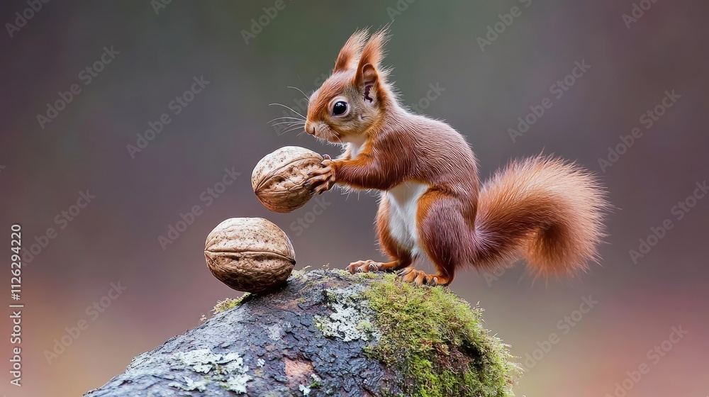 Poster Squirrel With Nuts on a Log in a Natural Forest Setting