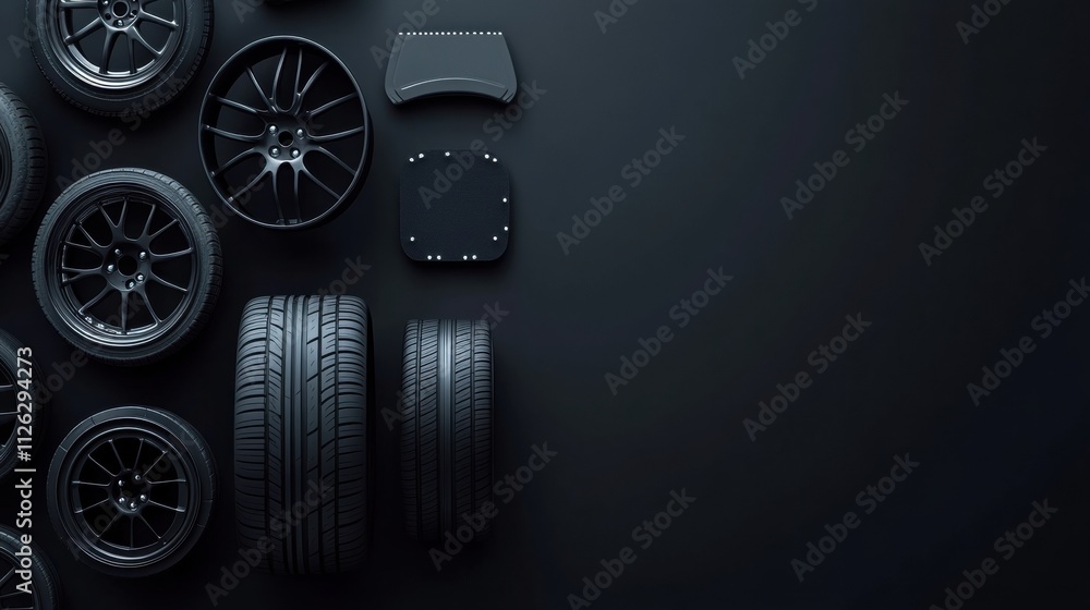 Aufkleber Various car tires, rims, and brake pads are thoughtfully arranged on a dark surface, providing a striking contrast and ample copy space for text. Generative AI