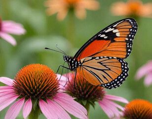 Fototapeta premium monarch butterfly, vibrant orange wings, black veins, white spots, yellow flowers, green leaves, soft focus background, macro photography, detailed wings, nature close-up, delicate insect, pollinator,