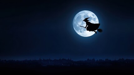 Witch flying on broomstick under full moon night sky fantasy illustration dark atmosphere silhouette concept