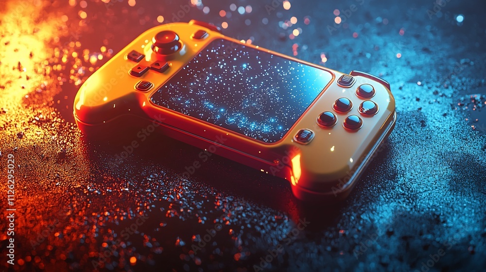 Poster futuristic orange handheld gaming console with screen displaying a galaxy.