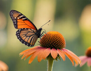 Obraz premium monarch butterfly, vibrant orange wings, black veins, white spots, yellow flowers, green leaves, soft focus background, macro photography, detailed wings, nature close-up, delicate insect, pollinator,