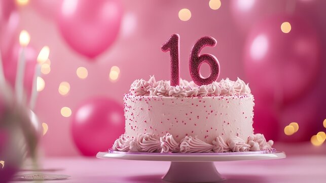 Sweet Sixteen Celebration: A delicate pink cake adorned with a shimmering "16" candle, surrounded by soft pink balloons and warm, twinkling lights. - Powered by Adobe