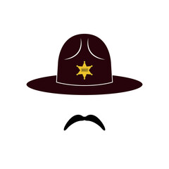 Minimalistic sheriff badge on brown hat with mustache.