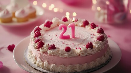 Twenty-First Birthday Cake: A delightful pink raspberry cake, adorned with a "21" candle, sits center stage, ready for a celebratory moment.