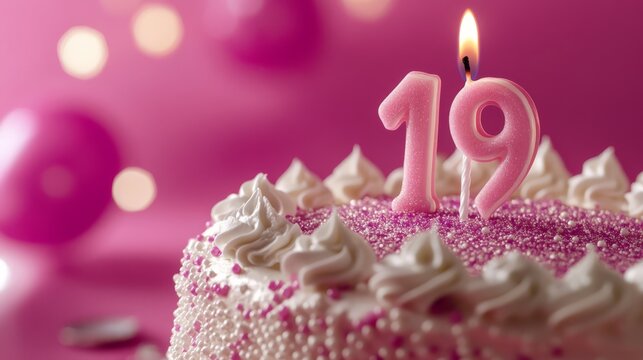 Nineteen and Sparkling: A delectable birthday cake, adorned with pink frosting, sprinkles, and a lit candle forming the number 19, sits against a bokeh background of pink balloons. - Powered by Adobe