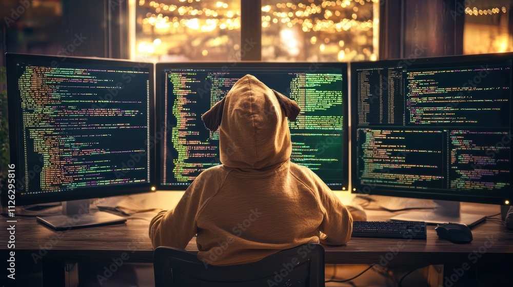 Poster person in hoodie engaged in coding at multiple computer monitors