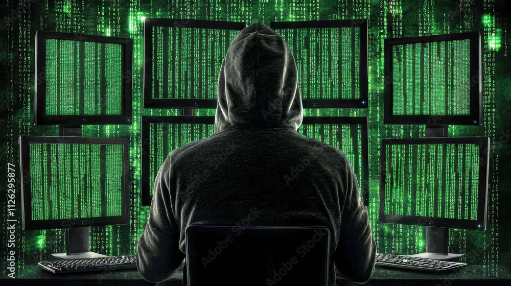 Poster dark environment with hacker in hoodie surrounded by multiple screens