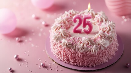 Pink Birthday Cake with 25 Candle: A pink and white frosted cake, decorated with sprinkles, and...