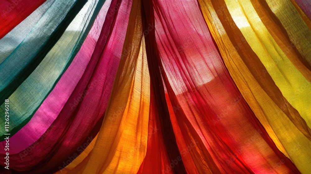Poster colorful draped fabrics creating vibrant patterns of light and shade