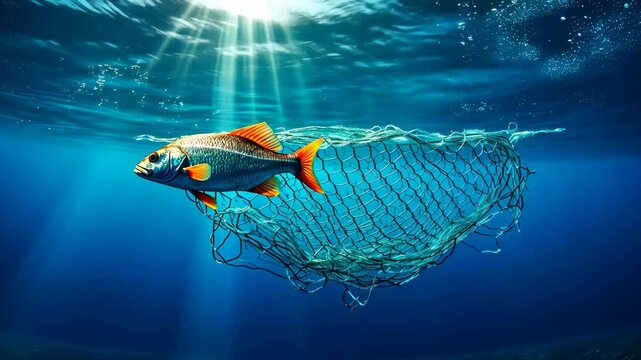 Underwater scene of fish gracefully escaping from a fishing net