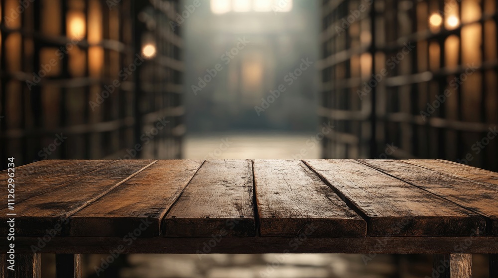 Poster A rustic wooden table in focus, with a blurred jail setting in the distance, featuring faint metallic bars and dim lighting filtering through.