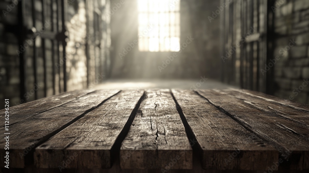 Poster A rustic wooden table in focus, with a blurred jail setting in the distance, featuring faint metallic bars and dim lighting filtering through.