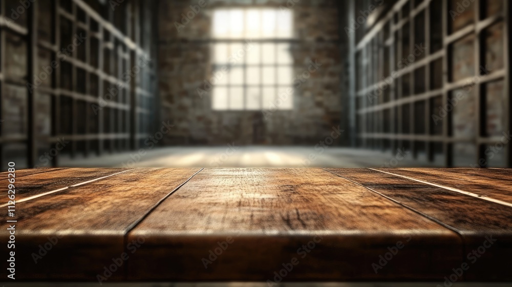 Poster A rustic wooden table in focus, with a blurred jail setting in the distance, featuring faint metallic bars and dim lighting filtering through.