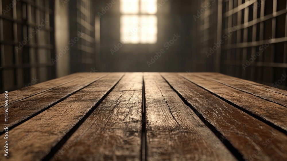 Poster A rustic wooden table in focus, with a blurred jail setting in the distance, featuring faint metallic bars and dim lighting filtering through.